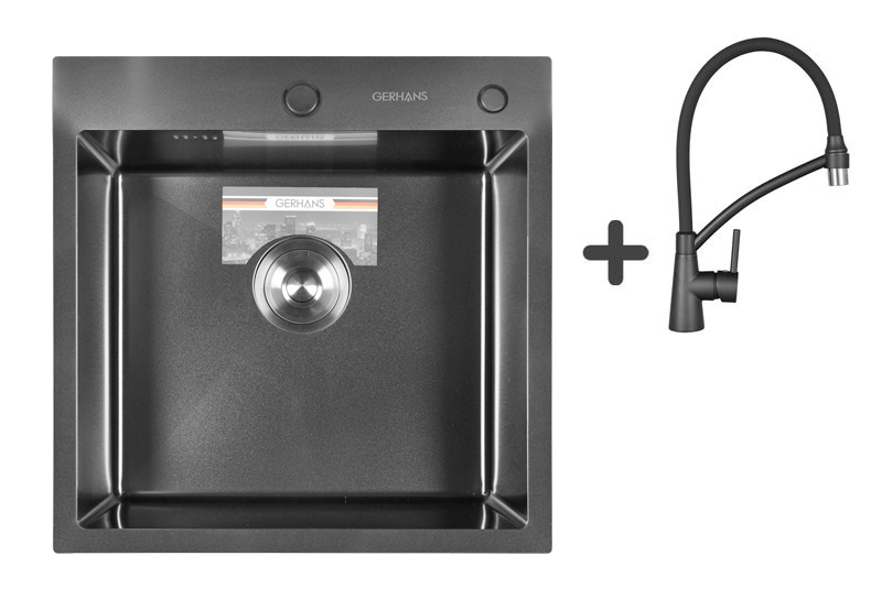 Комплект кухонная мойка из нержавеющей стали с PVD покрытием GERHANS K35050B со смесителем