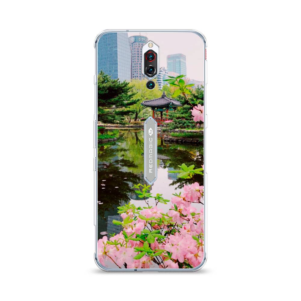 

Чехол на ZTE RedMagic 5S Сакура возле озера, Зеленый;розовый;голубой, 134250-2