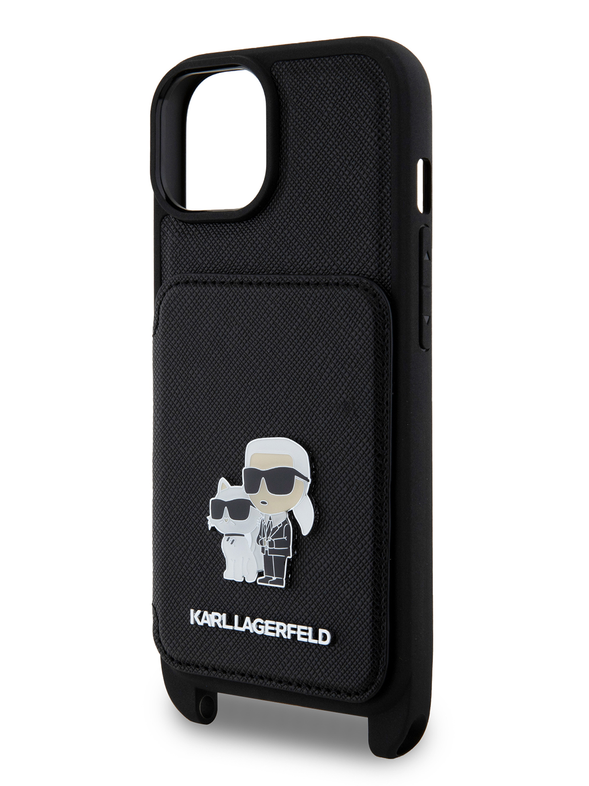 Чехол Karl Lagerfeld для iPhone 15 с ремешком и карманом для карт Metal Hard Black