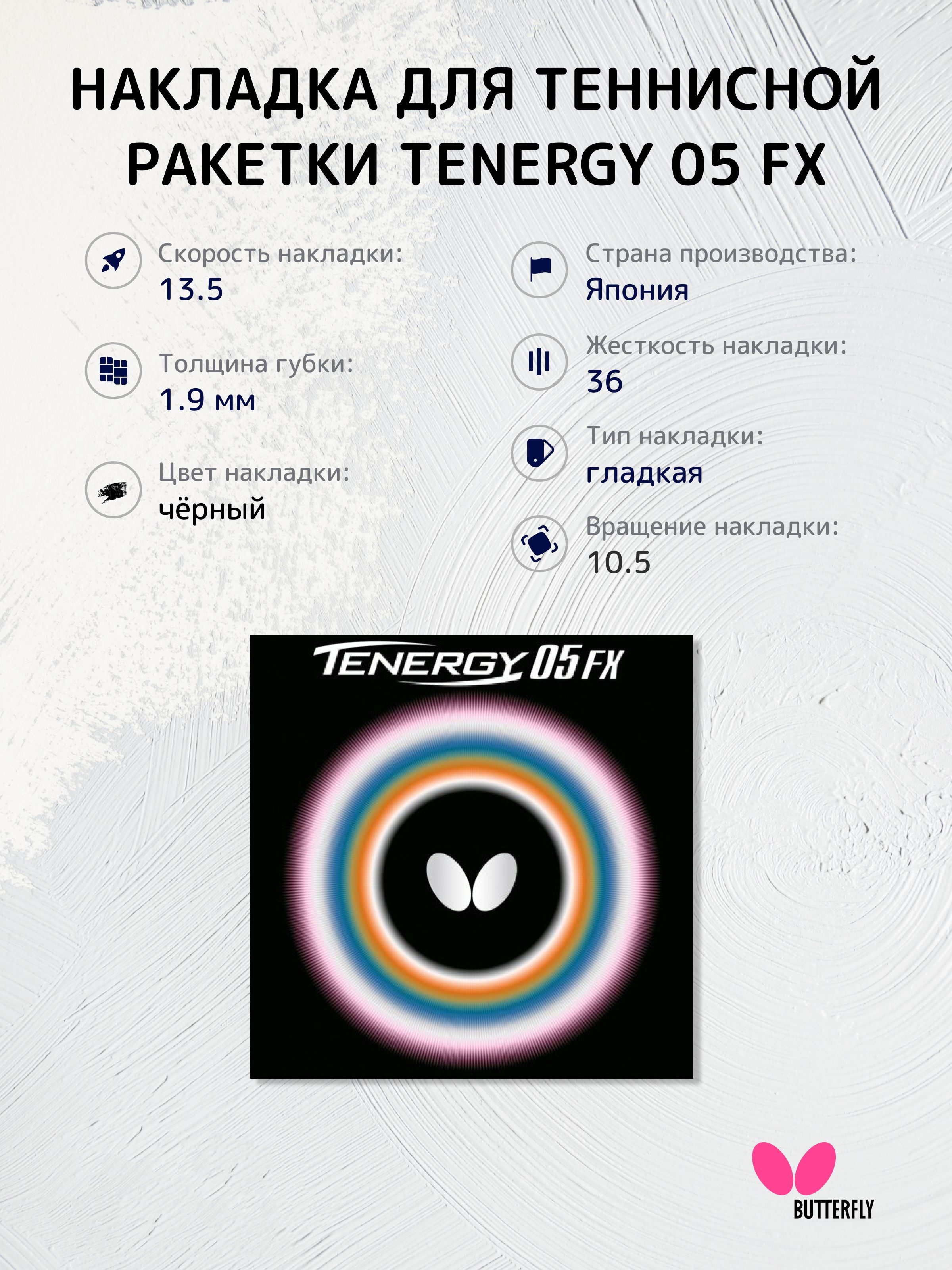 

Накладка на ракетку для настольного тенниса Butterfly Tenergy 05 FX 1.9 черная, Черный, Tenergy05FX