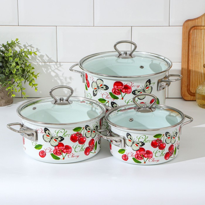 Набор кастрюль «Черешенка», 3 предмета: 1,9 л, 2,5 л, 3,7 л, стеклянные крышки, индукция,