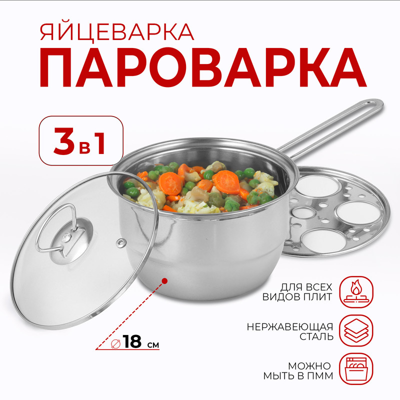 

Пароварка-яйцеварка «Вейлер», 18x22 см, стеклянная крышка, цвет хромированный, Серебристый