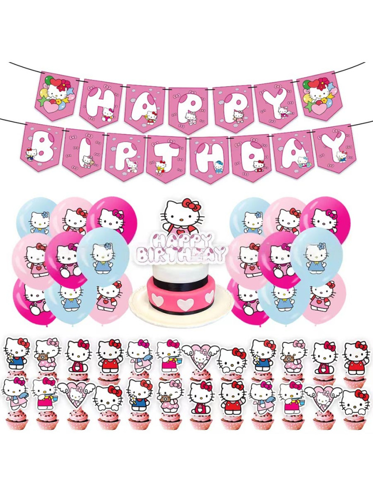 Декор-набор С Днем рождения, Хелло Китти, гирлянда, топперы, шары, лента, 114507SMM