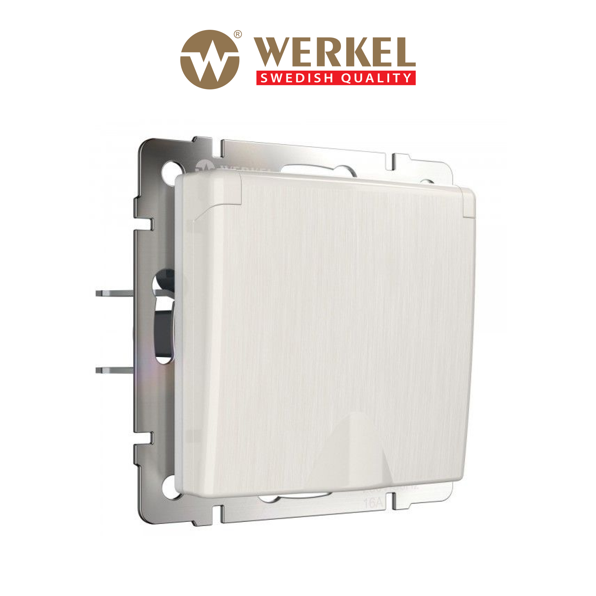 

Розетка влагозащищ. Werkel W1171213 перламутровый рифл., заземление, защит. крышка, шторки, Белый, Розетка с заземлением, шторками и крышкой IP44
