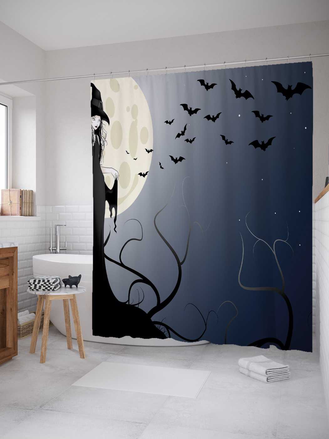 

Штора для ванной JoyArty "Ведьма под луной" из сатена, 180х200 см с крючками, Черный
