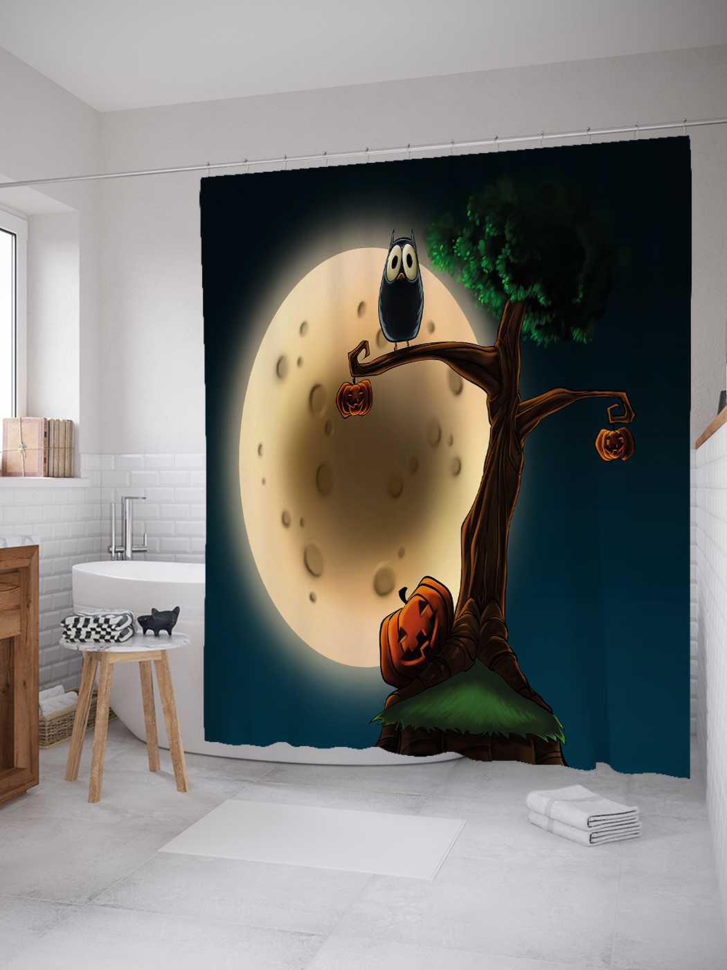 

Штора для ванной JoyArty "Лунный зверек" из сатена, 180х200 см с крючками, Синий