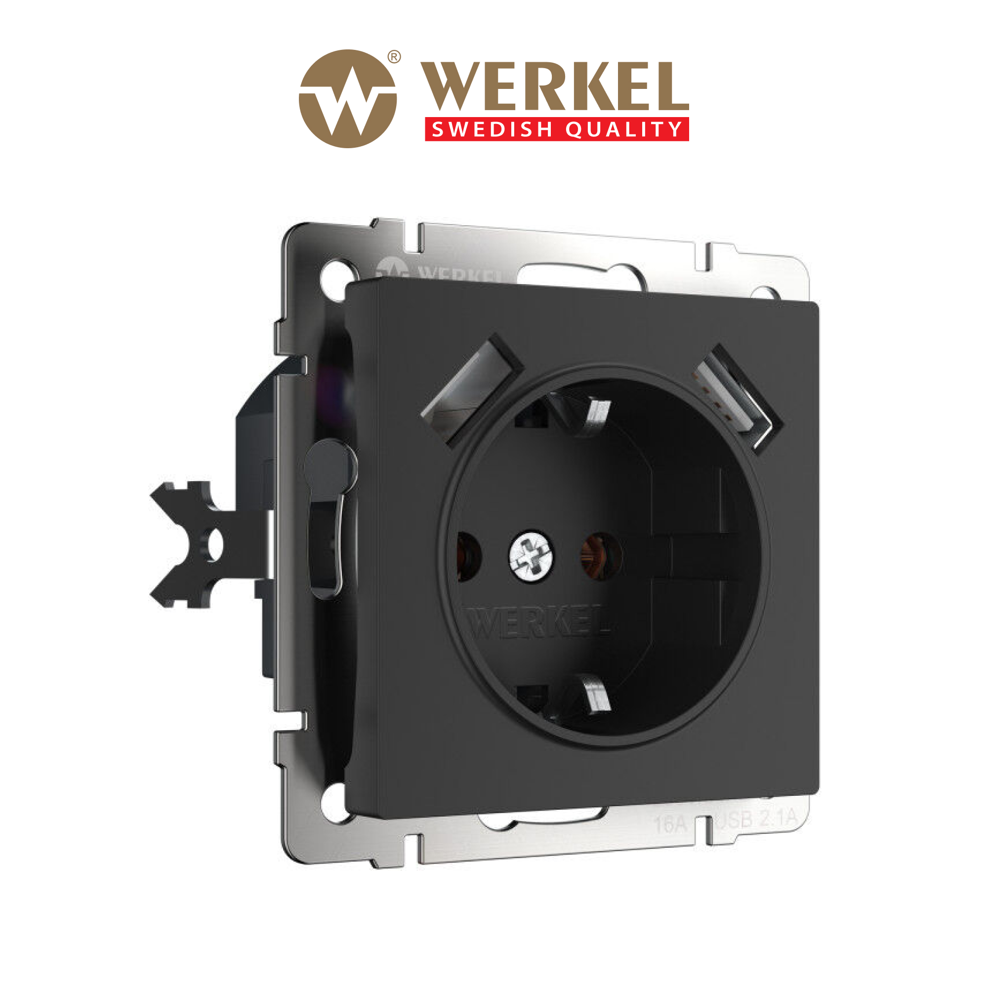 

Комбинированная розетка Werkel W1171508 заземление, шторки, USB A+C черный матовый, Розетка с заземлением, шторками и USBх2