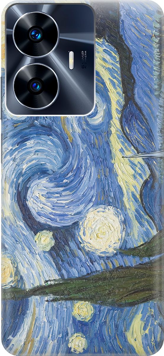 

Силиконовый чехол на Realme C55 с принтом "Звездная ночь", Голубой;желтый, 159494