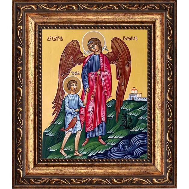 

Архангел Рафаил сопровождает Товию. Икона на холсте.