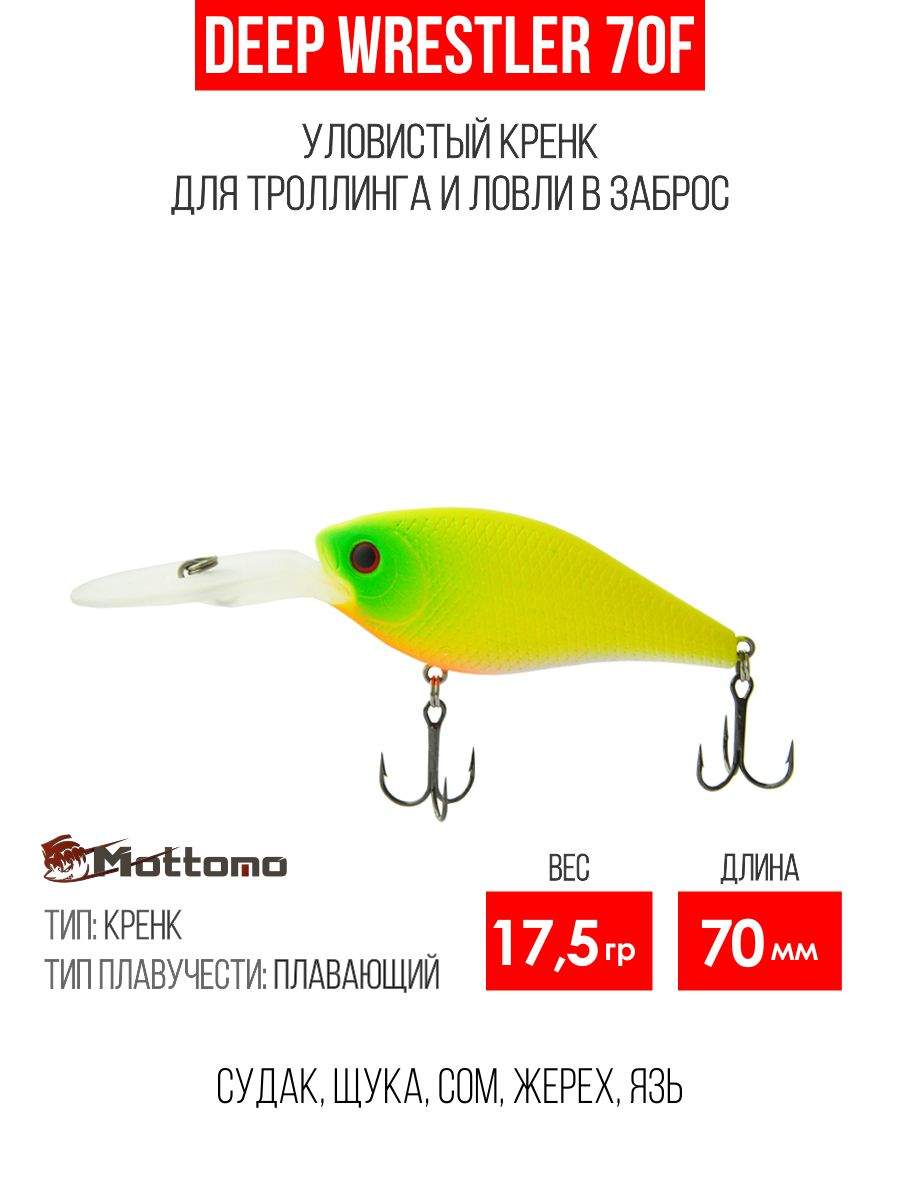 

Воблер Mottomo Deep Wrestler 70F 17,5g Chart Yellow, Разноцветный, Deep Wrestler