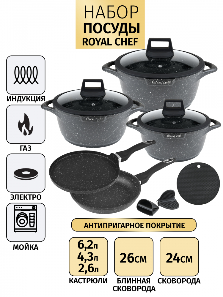 

Набор посуды с мраморным покрытием Royal Chef черный, 15896325888