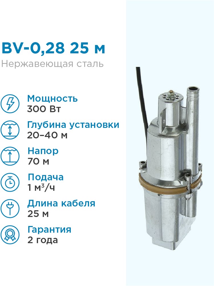 Колодезный насос БВ028 25м, верхний забор воды/17л.м., Н 70м