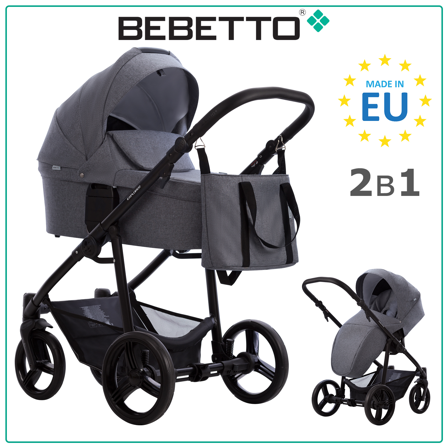 

Детская коляска 2 в 1 Bebetto Explorer AIR LUX LJ195, серый, рама черная, Explorer AIR LUX