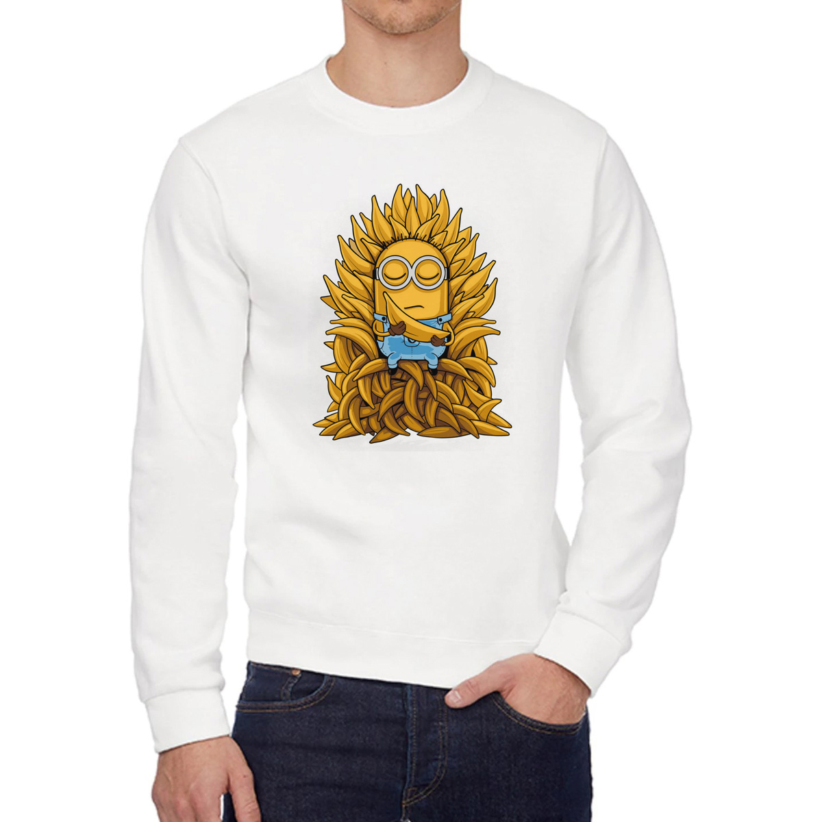 

Свитшот женский CoolPodarok Миньен на банановом троне белый 48 RU, Миньен на банановом троне