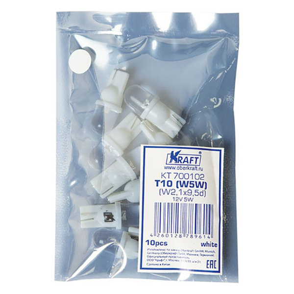 

Лампа автомобильная светодиодная KRAFT KT 700102, W5W, 12В, 5Вт, 10шт