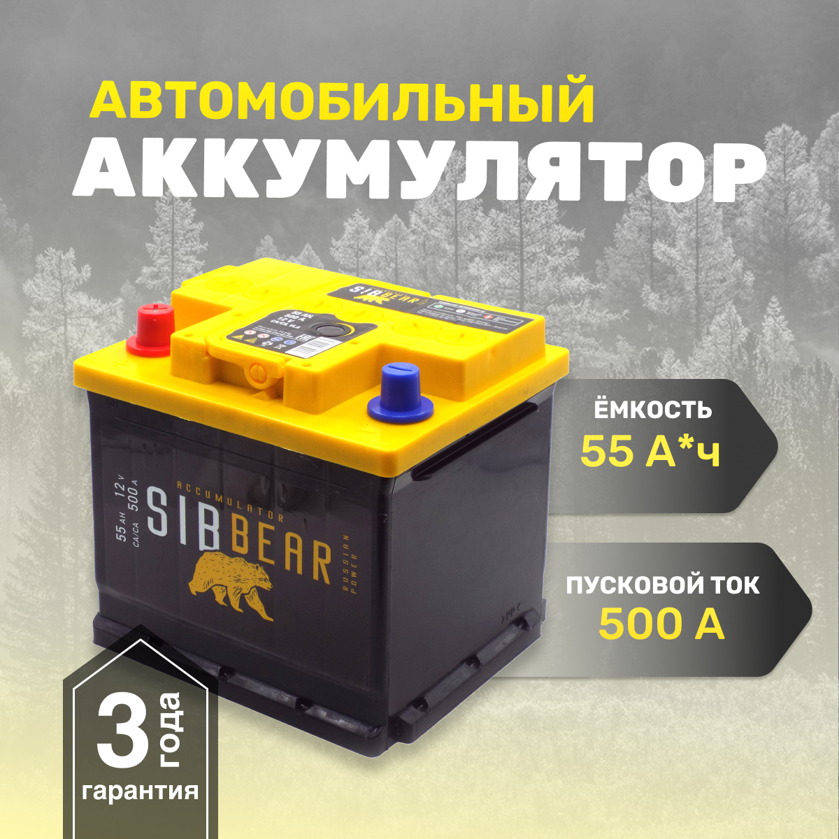 Аккумулятор автомобильный SIBBEAR 55 А*ч п.п. L1 207х175х190