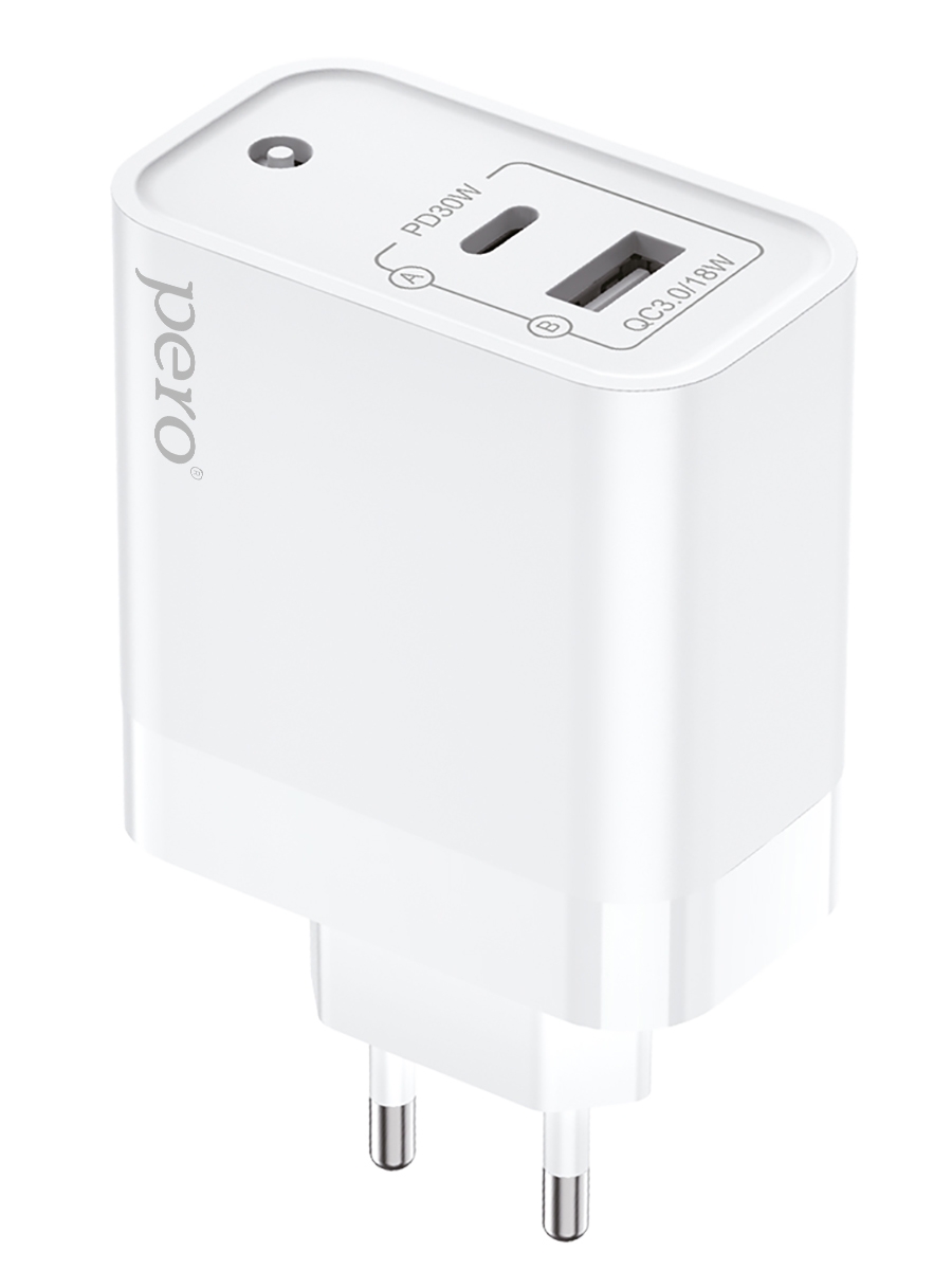 Сетевое зарядное устройство PERO TC12 USB-A QC3.0 + USB-C PD 48W (white)