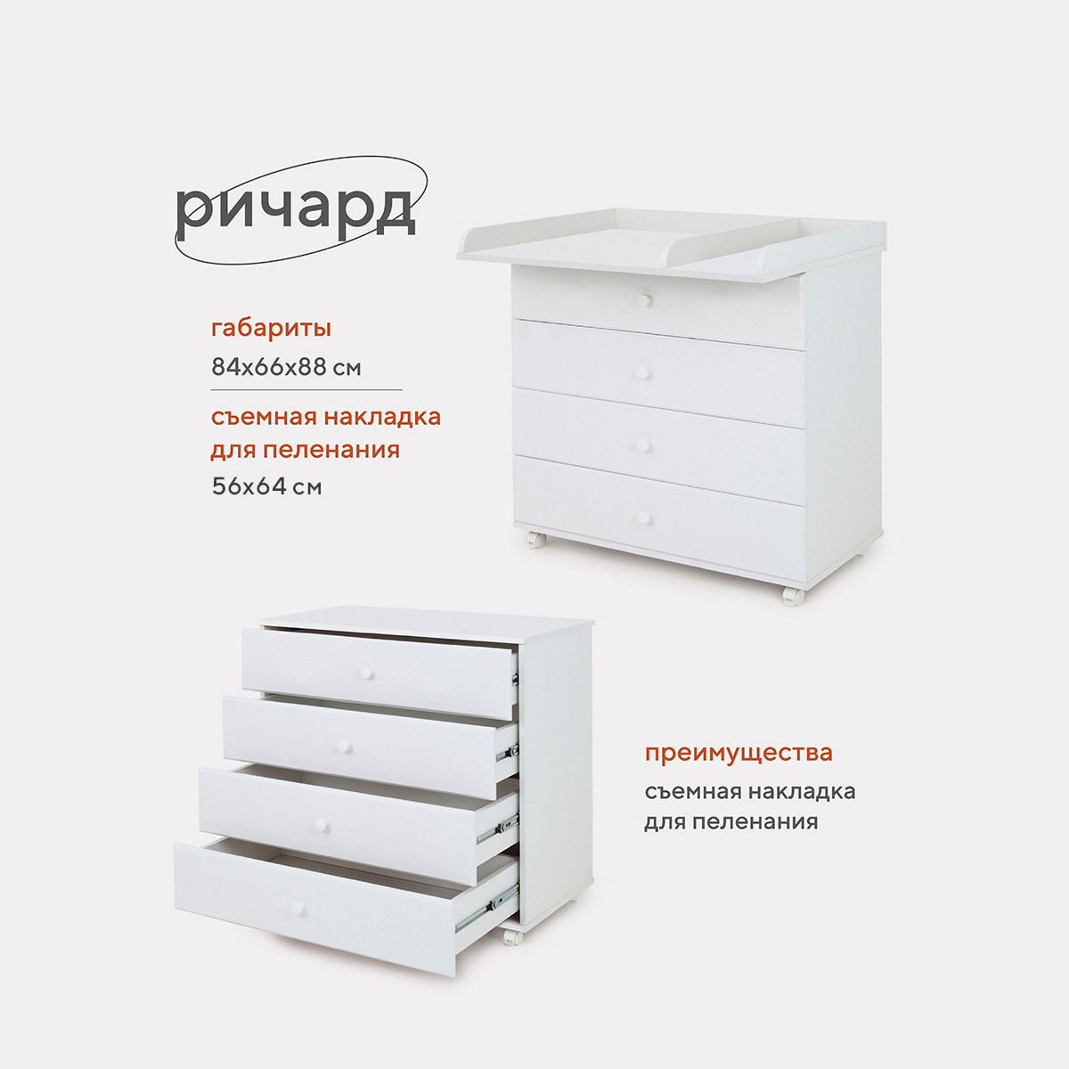 Комод Топотушки Ричард NEW 4 ящ. (арт.75) МДФ 8004 (белый)