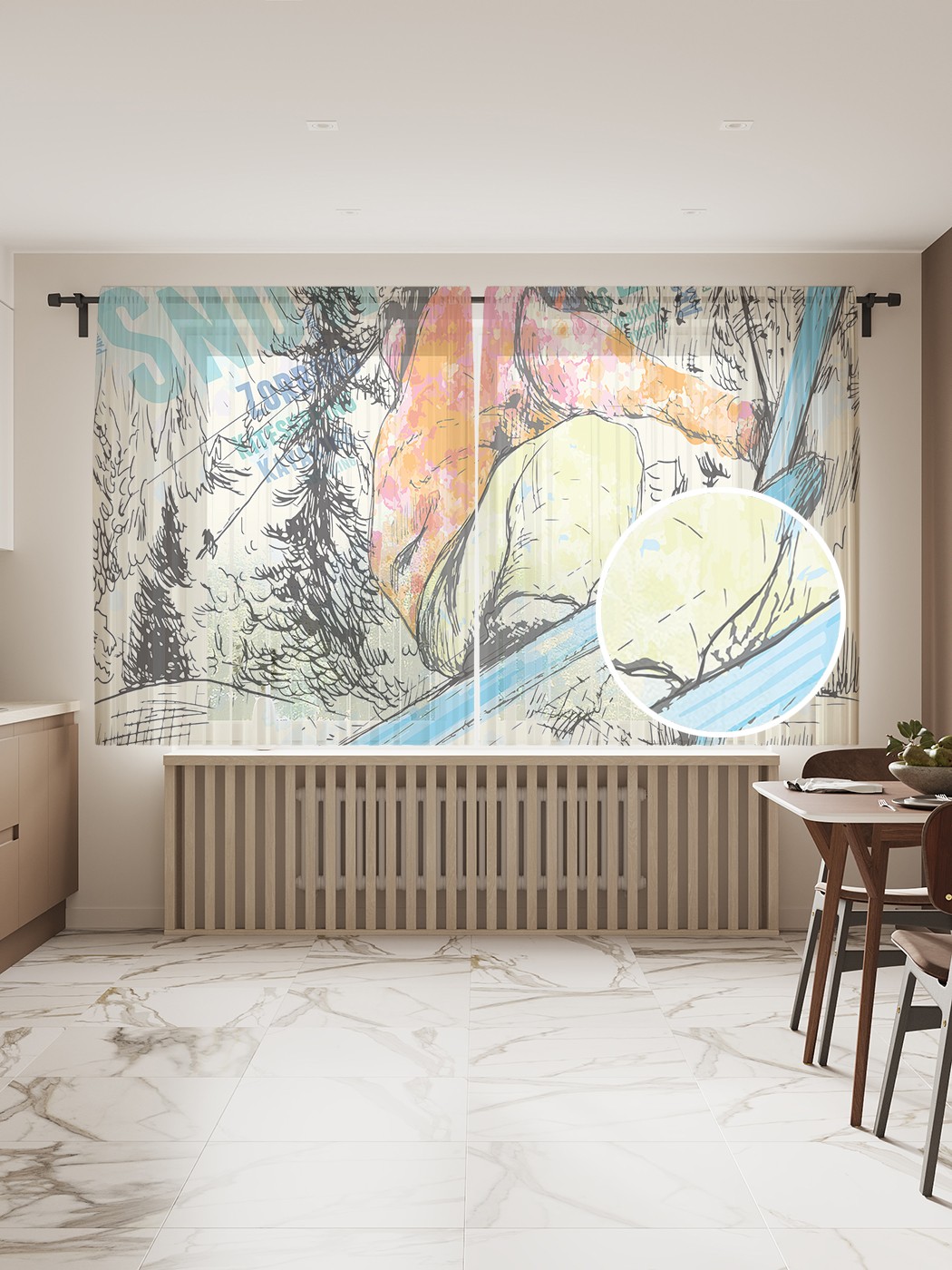 фото Фототюль joyarty "на лыжах по горам", 145x180см (2 полотна со шторной лентой + 50 крючков)