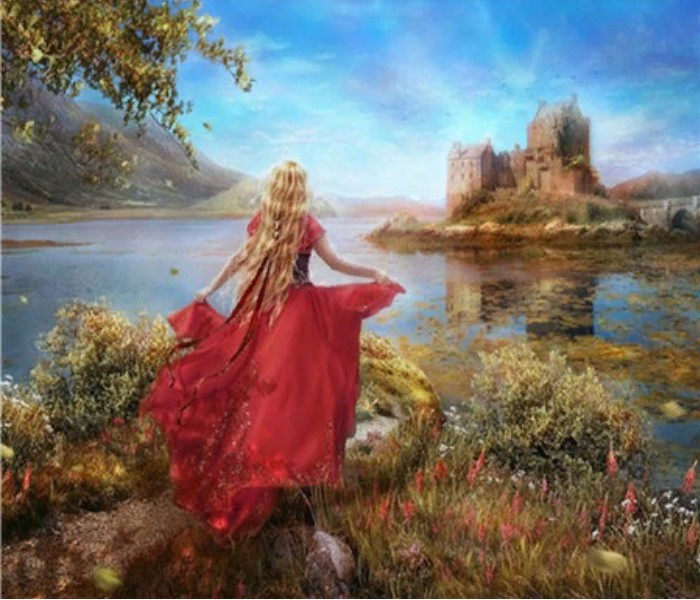 фото Алмазная мозаика картина стразами пейзаж с девушкой в красном платье, 40х50 см nobrand