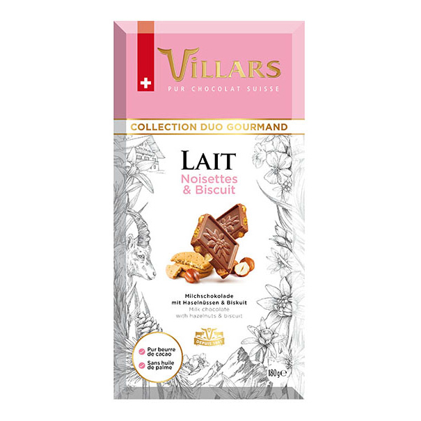 Шоколад Villars молочный с фундуком и печеньем 180 г