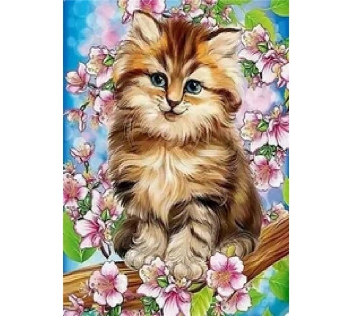 фото Алмазная мозаика картина стразами пушистый котёнок с цветочками, 40х50 см nobrand