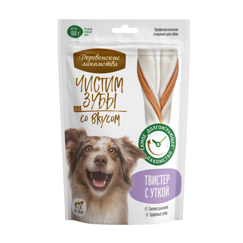 

Лакомство для собак Деревенские лакомства Чистим зубы твистер с уткой, 100 г