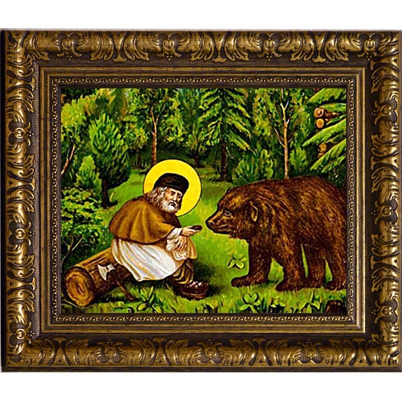 

Серафим Саровский кормит медведя. Икона на холсте.