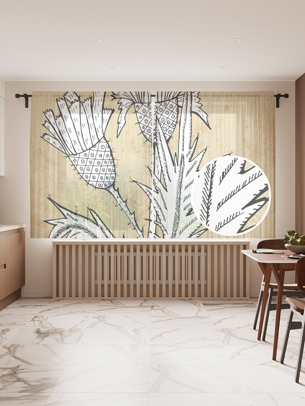 

Фототюль JoyArty "Нарисованный чертополох", 145x180см (2 полотна с лентой + 50 крючков), Нарисованный чертополох