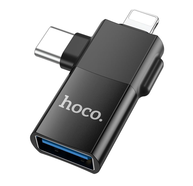 

Переходник Hoco UA17, Lightning (m) - Type-C (m) - USB Type-A (f), черный, UA17