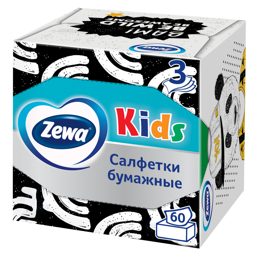 

Салфетки бумажные Zewa Kids детские, в коробке, 3 слоя, 60 шт, Белый, Kids