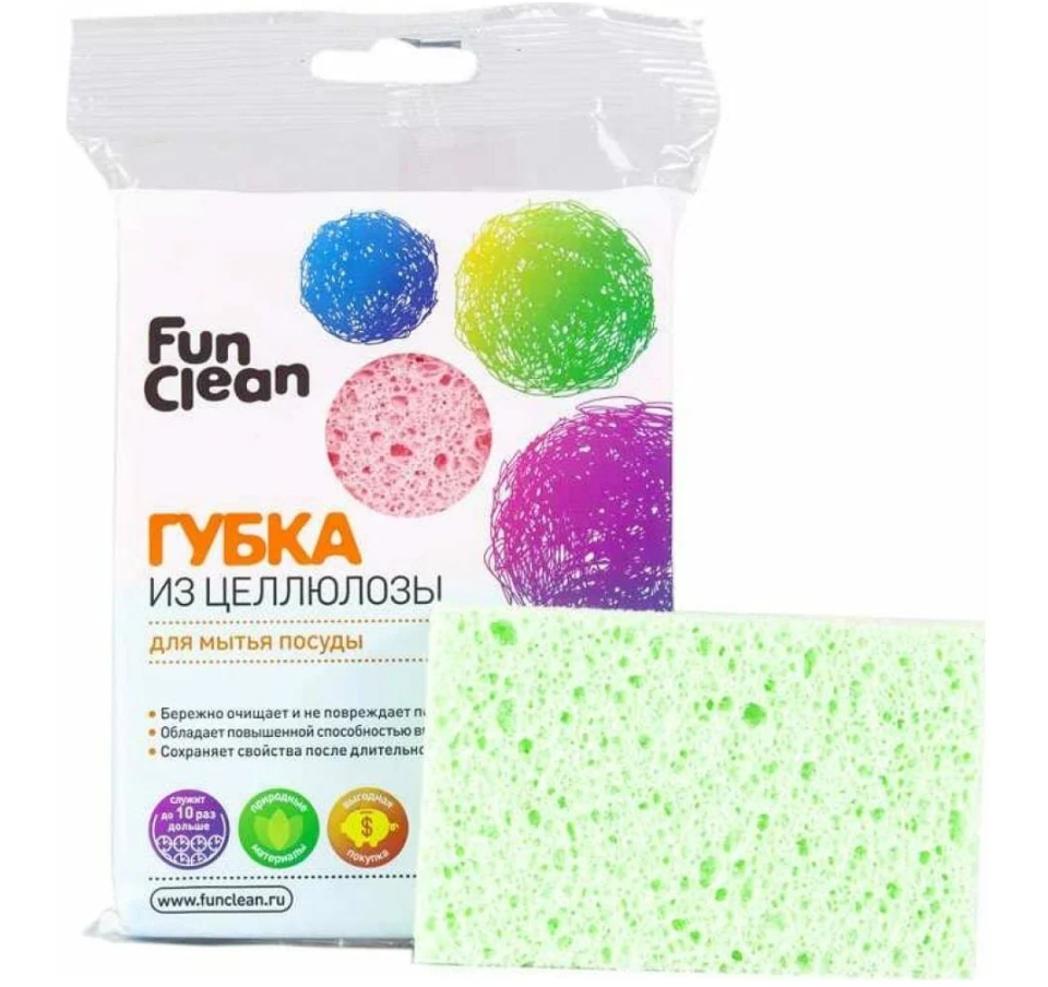 

Губка для мытья посуды Fun Clean XL, целлюлоза без фибры, 2шт, Зеленый