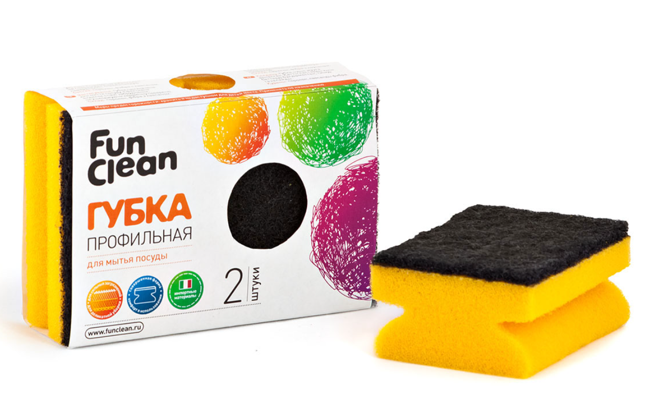 Губка для мытья посуды Fun Clean профильная, 2шт