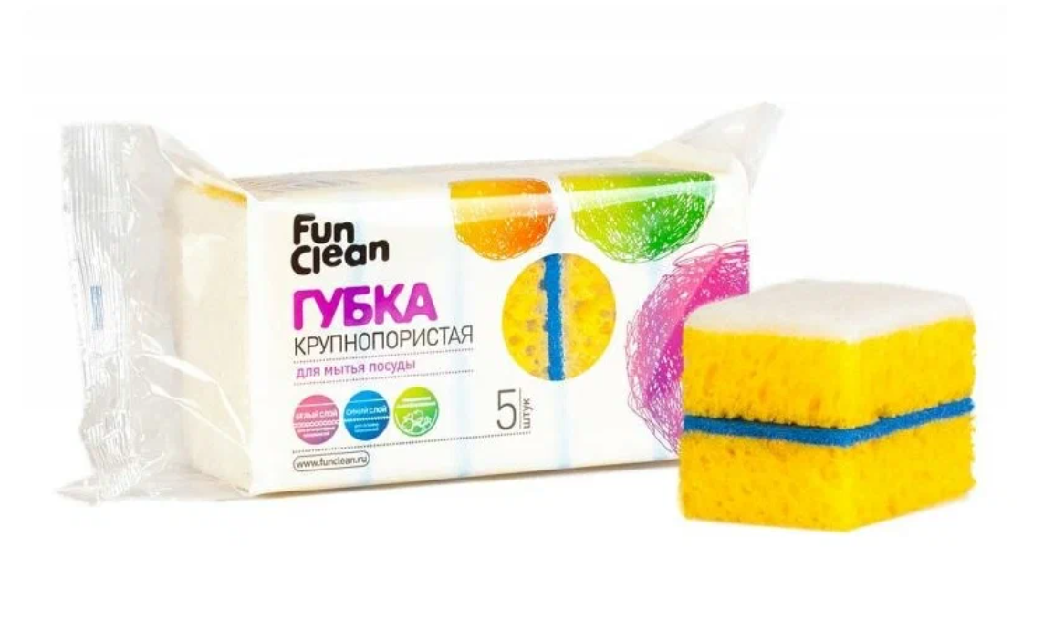 

Губка для посуды Fun Clean Крупнопористая, 5 шт, Желтый