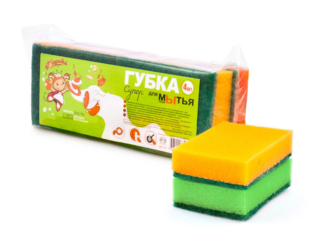 

Губка для посуды Золушка Супер, 4 шт, 100х80 мм, Разноцветный