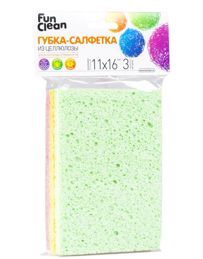 

Губка-салфетка для мытья поверхностей Fun Clean , целлюлоза , 3шт, Разноцветный