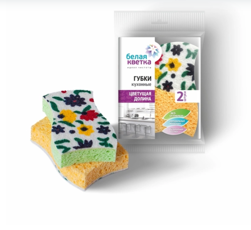 

БЕЛАЯ КВЕТКА Губки кухонные "Цветущая долина" целлюлоза -фибра 2шт, в РР, Бежевый