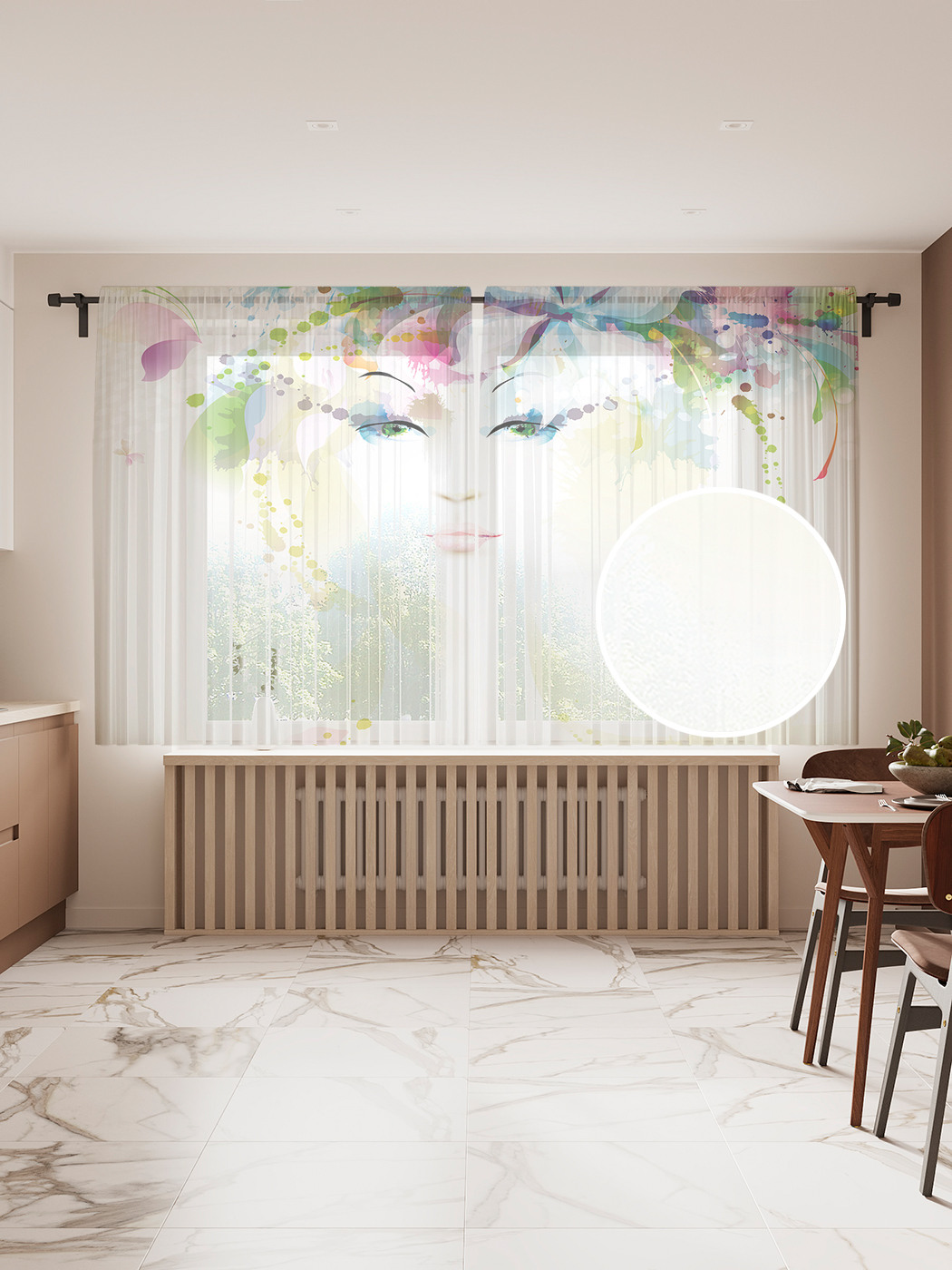 

Фототюль JoyArty "Нарисованная девушка с цветами" 145x180см, 2 полотна, лента, 50 крючков, Нарисованная девушка с цветами