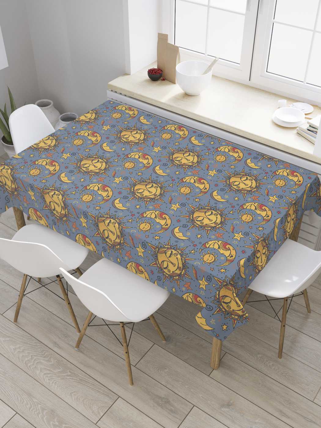 

Скатерть прямоугольная JoyArty "Месяц и солнце" из оксфорда, 120x145 см, Желтый, Месяц и солнце