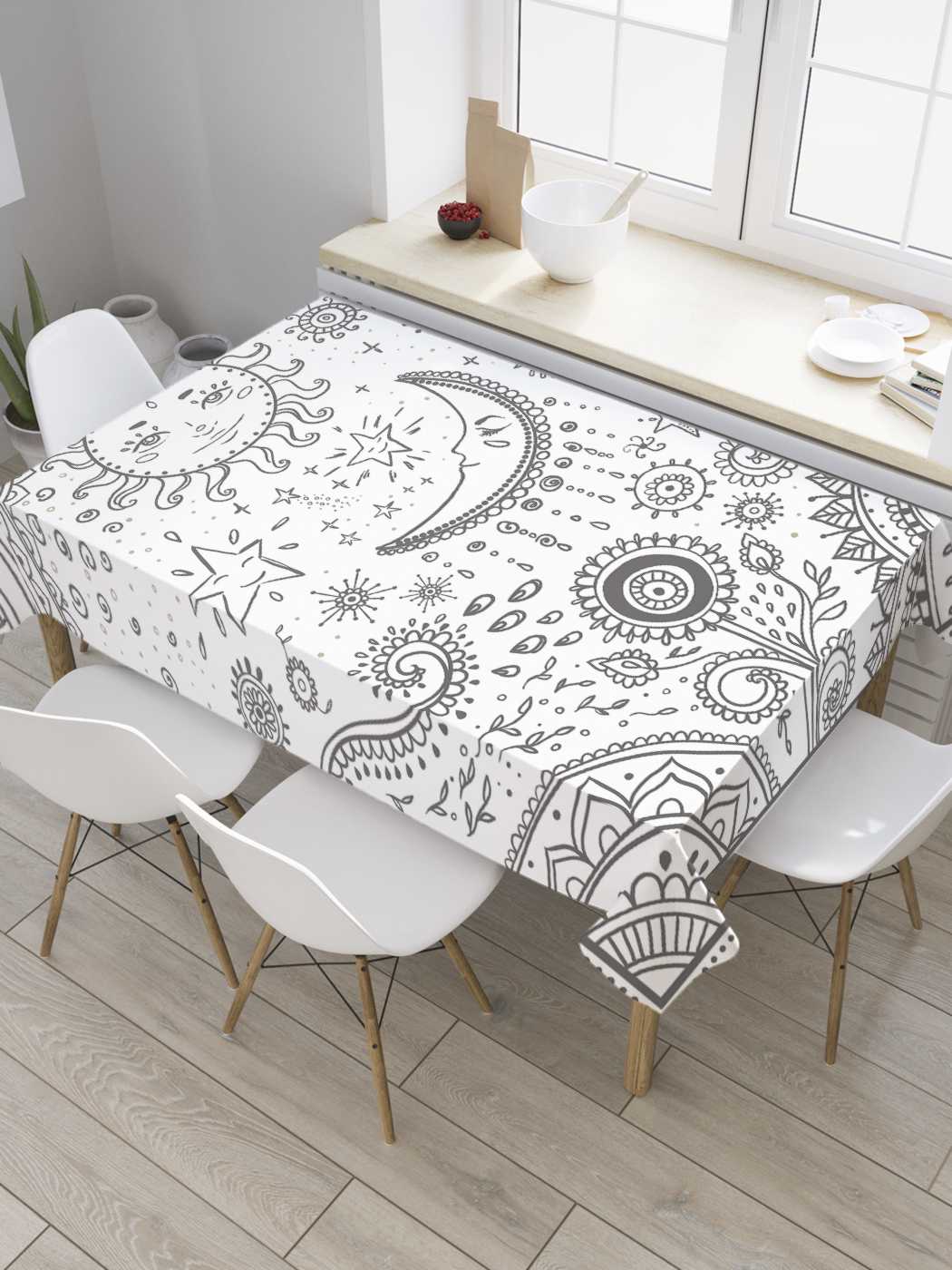 

Скатерть прямоугольная JoyArty "Графические солнце и луна" из оксфорда, 120x145 см, Белый, Графические солнце и луна