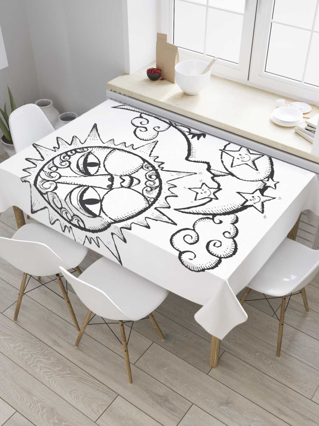 

Скатерть прямоугольная JoyArty "Солнце и месяц" из оксфорда, 120x145 см, Белый, Солнце и месяц