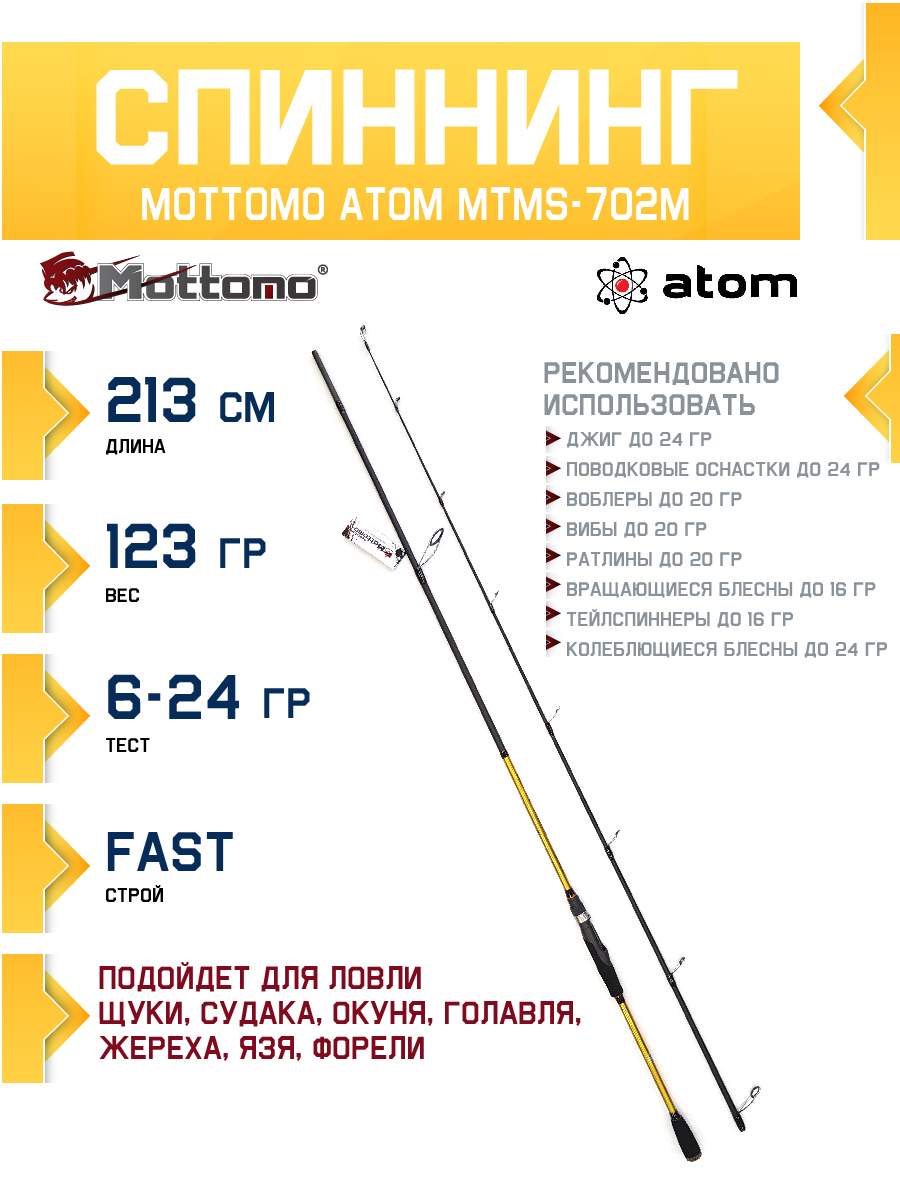 

Спиннинг Mottomo Atom MTMS-702M 213см/6-24g, Atom