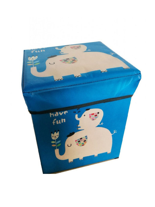 фото Детский складной пуф-короб для хранения 2 в 1, 29х30х30 см (цвет: синий, рисунок: слоники) markethot