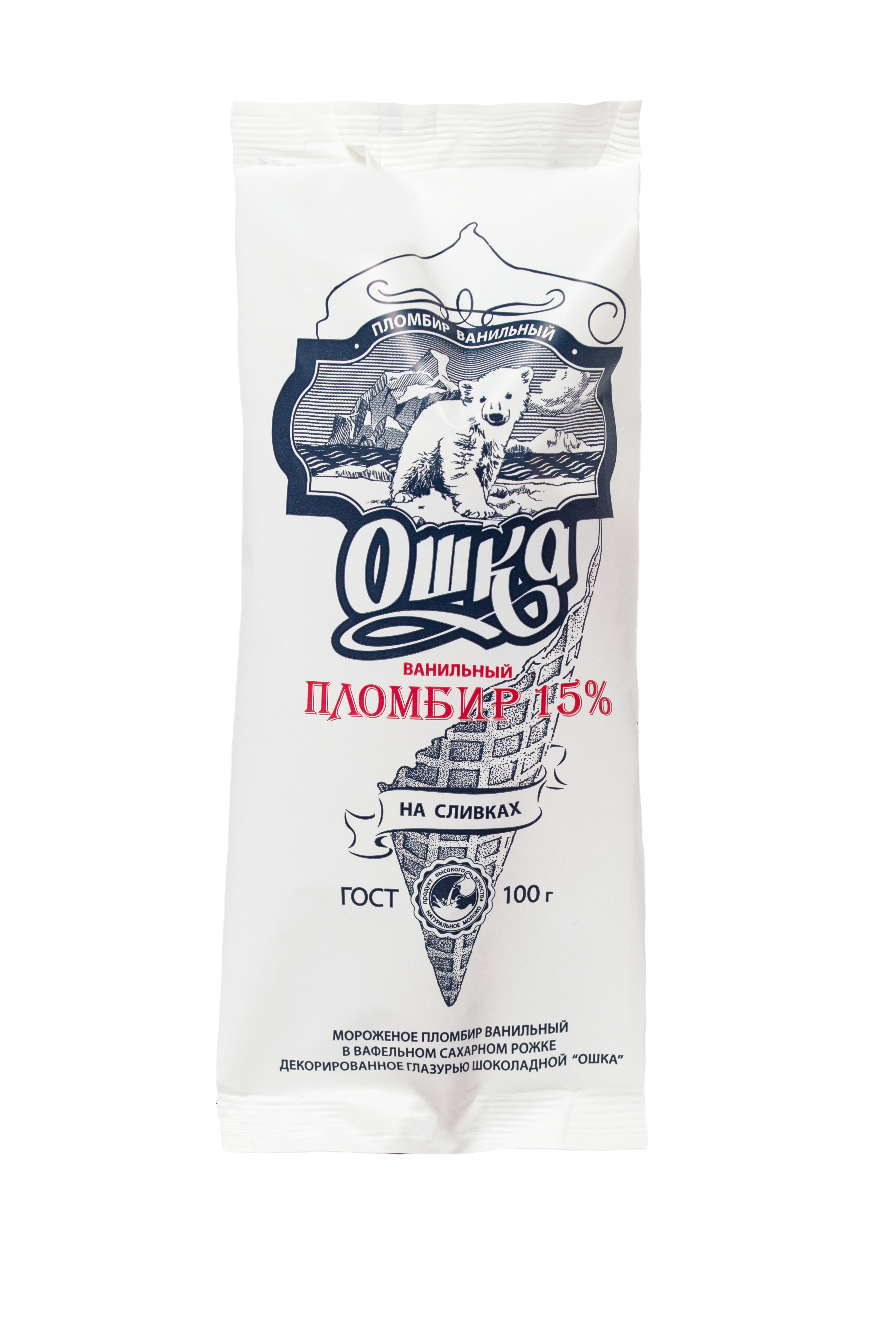 

Мороженое Ошка пломбир, на сливках, ванильный, 15%, в вафельном рожке, 100 г