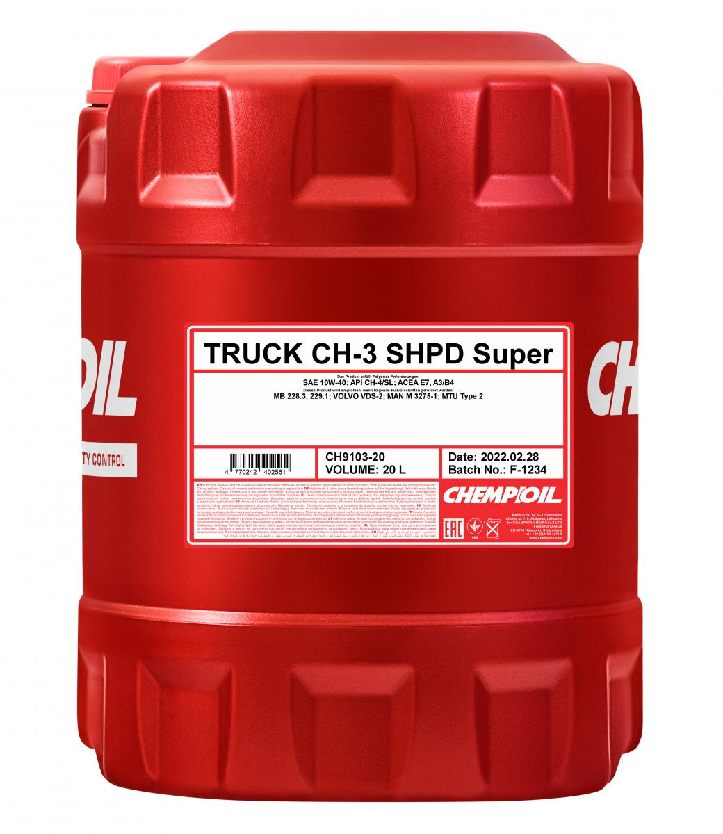 фото 10w-40 ch-3 truck shpd, ch-4/sl 20л (мин. мотор. масло) chempioil