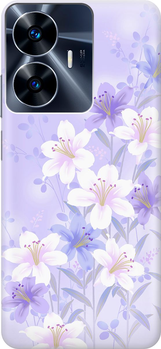 

Силиконовый чехол на Realme C55 с принтом "Лилии на фиолетовом", Белый;фиолетовый, 159496