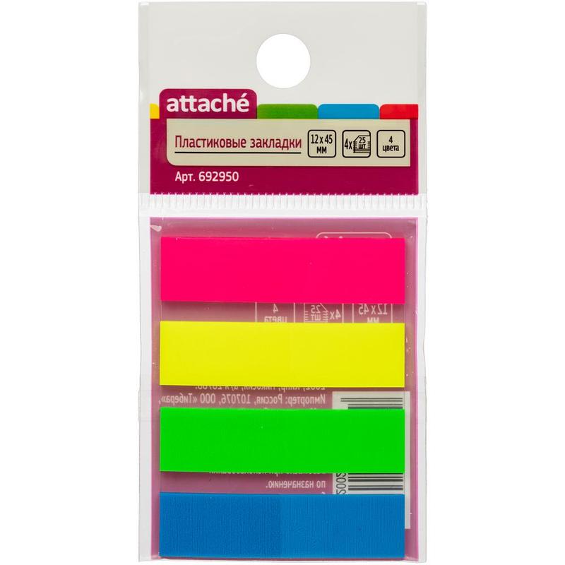 Клейкие закладки Attache пластиковые 4 цвета по 25 листов 12х45 мм, 692950