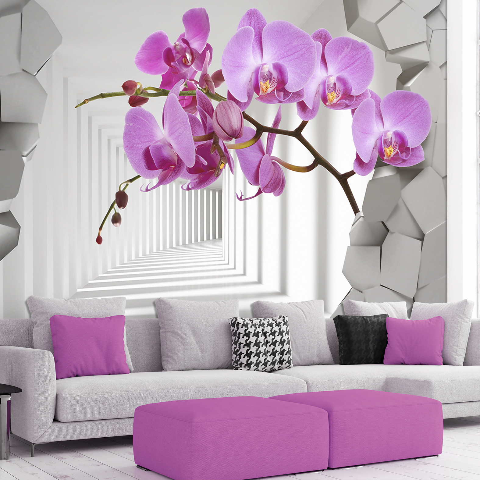 Фотообои Photostena Яркие 3D орхидеи за стеной 3,56 x 2,6 м