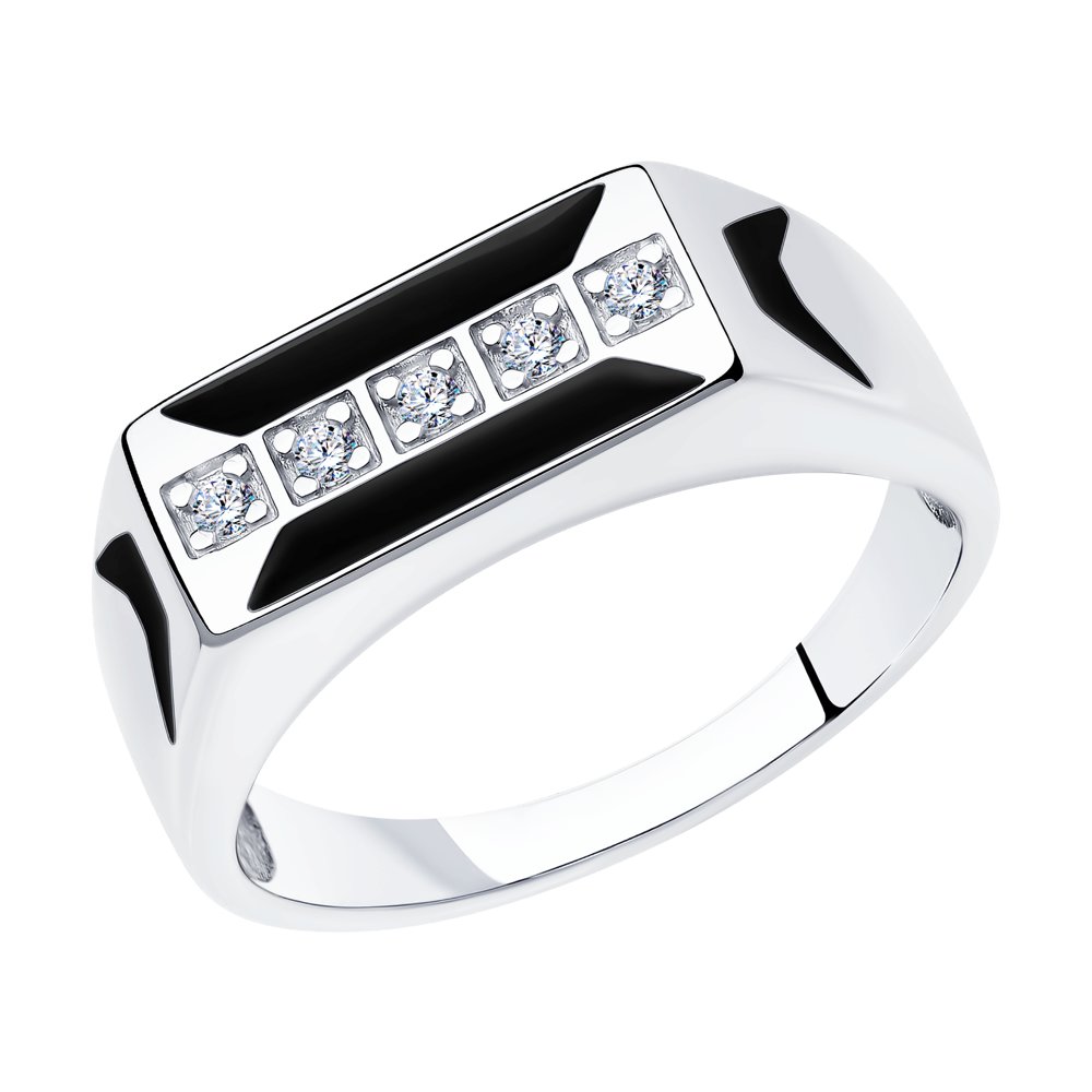 Кольцо печатка из серебра р. 17,5 Diamant 94-112-00755-1, эмаль/фианит