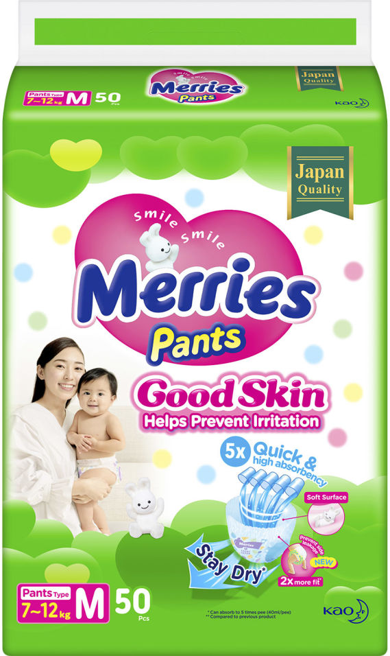 фото Подгузники-трусики merries good skin m 7-12кг 50шт